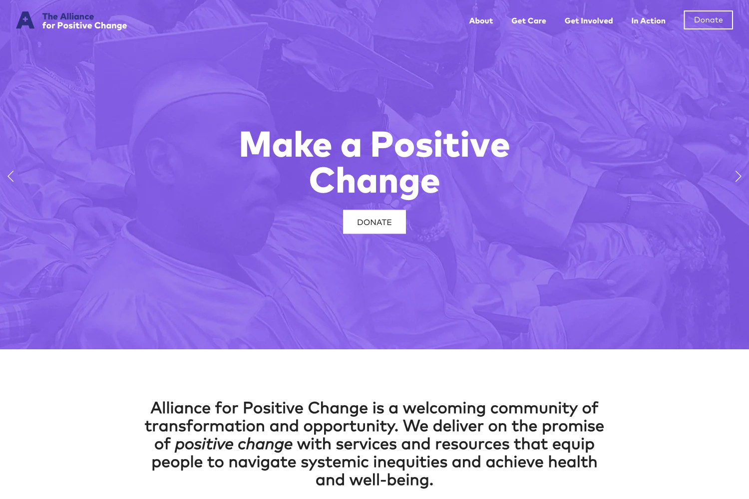 The Alliance for Positive Change homepage with its navigation, purple photo overlay and Make a Positive Change heading