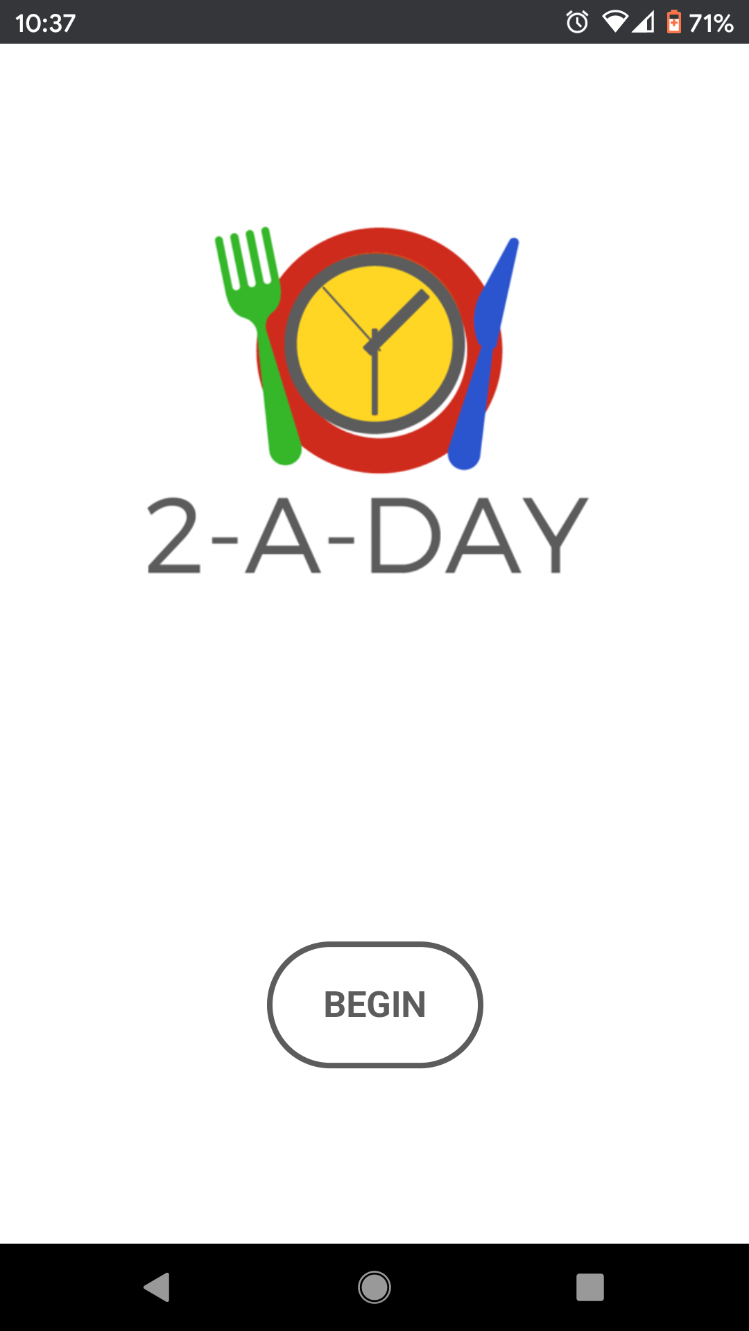 The Food Photo start screen with the 2-A-Day logo and a Begin button
