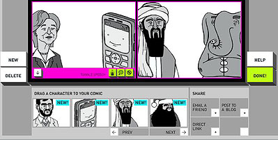 The original Quick Comic editor with illustrated characters in three panels and a character picker underneath