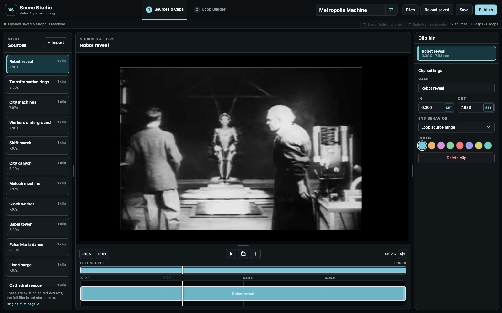 Scene Studio's Sources and Clips tab, showing a Metropolis video, source list, trim timelines and clip settings